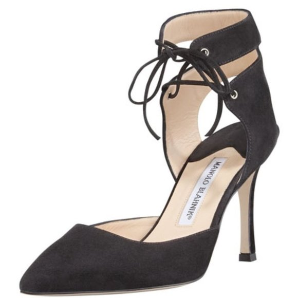 Manolo Blahnik Shoes - Manolo Blahnik Lara Suede Laced-Ankle Pump Black size 37